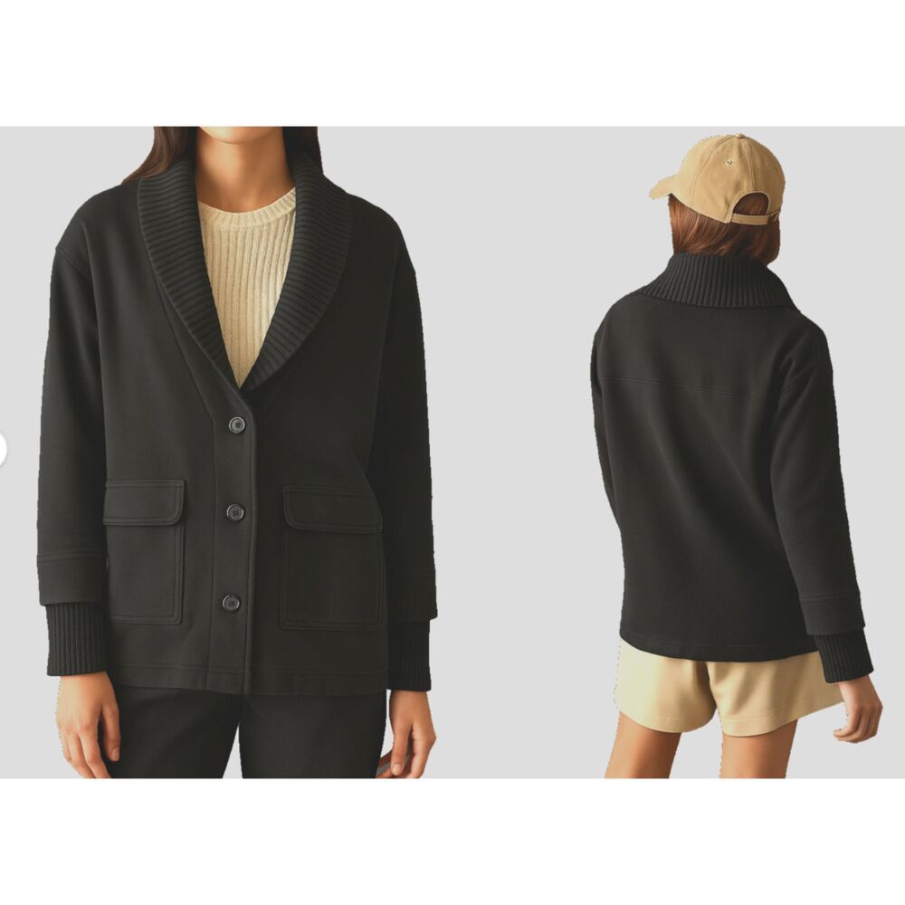 Anthro Daily Practice Ribbed Shawl Collar Cardigan Jacket Black S Pockets Cozy